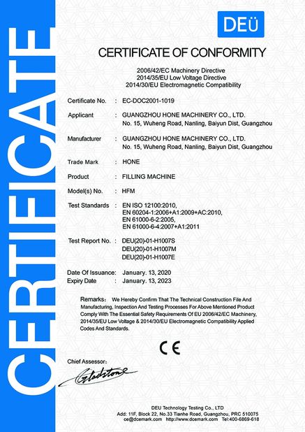 Κίνα Guangzhou Hone Machinery Co., Ltd. Πιστοποιήσεις